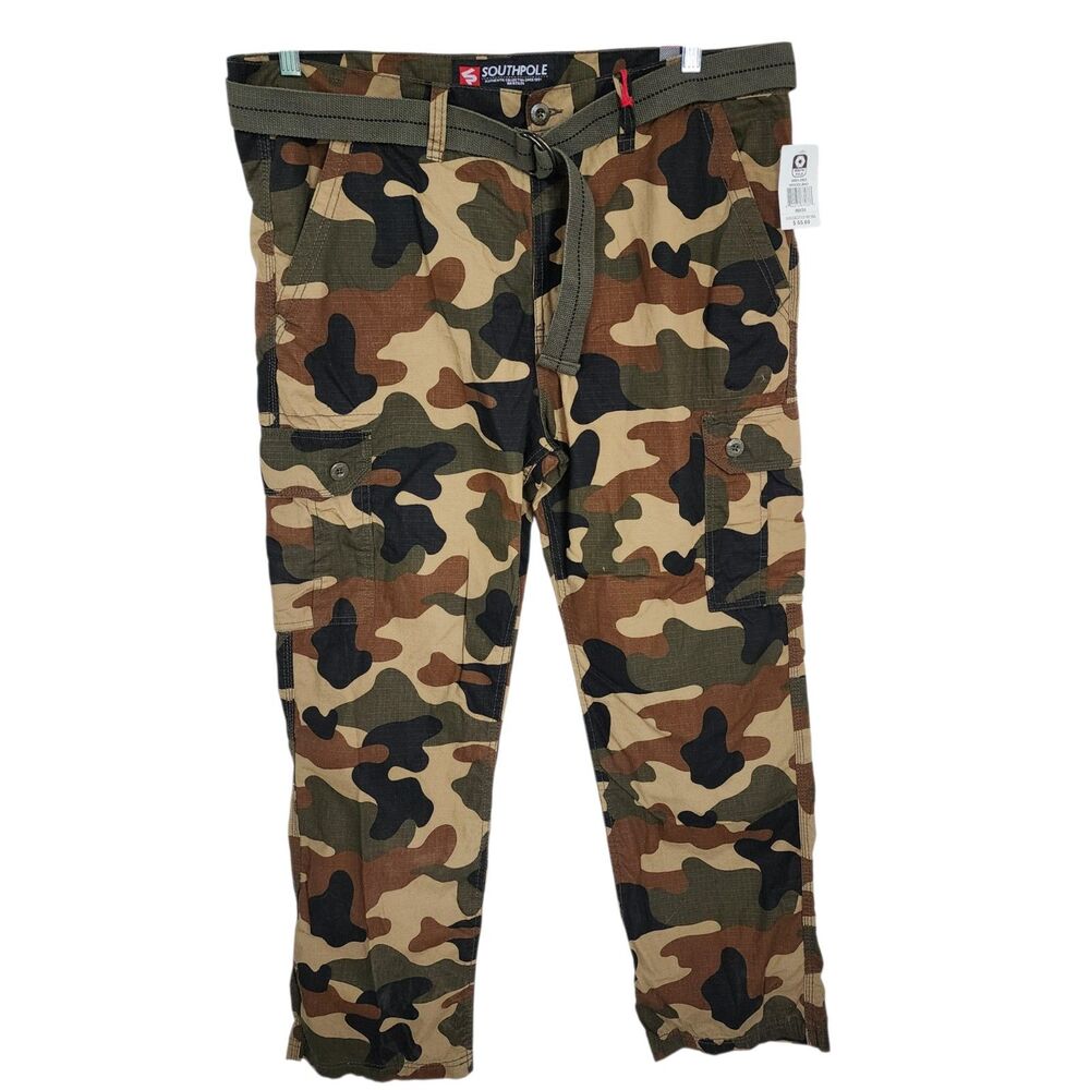 NWT Southpole Men’s Belted Cargo Pants 38x30 Woodland Camo Ripstop Tactical New